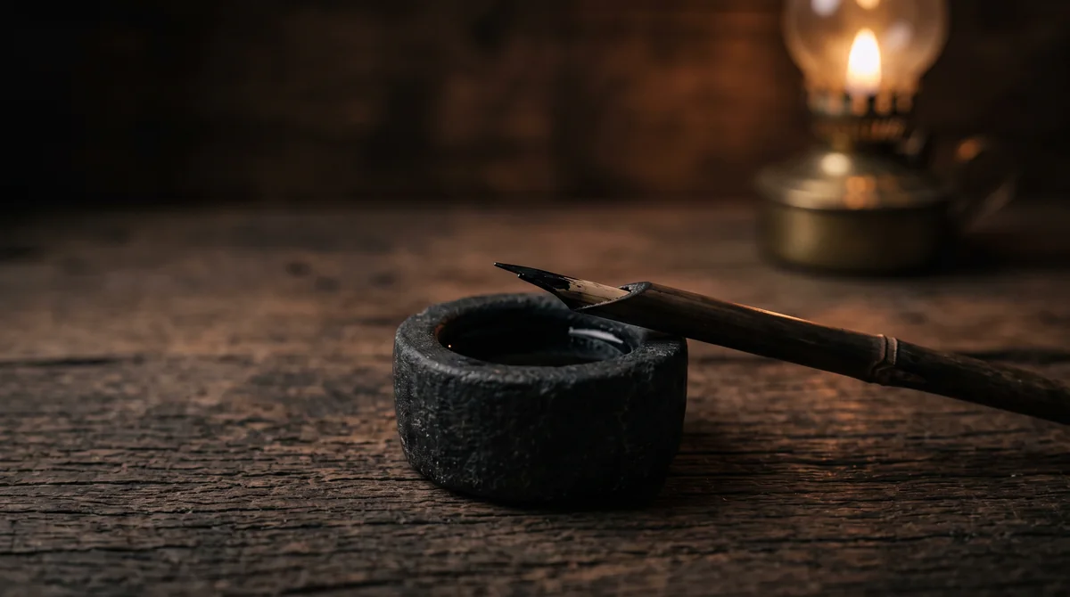 An inkwell, a reed pen and an oil lamp on an old desk.