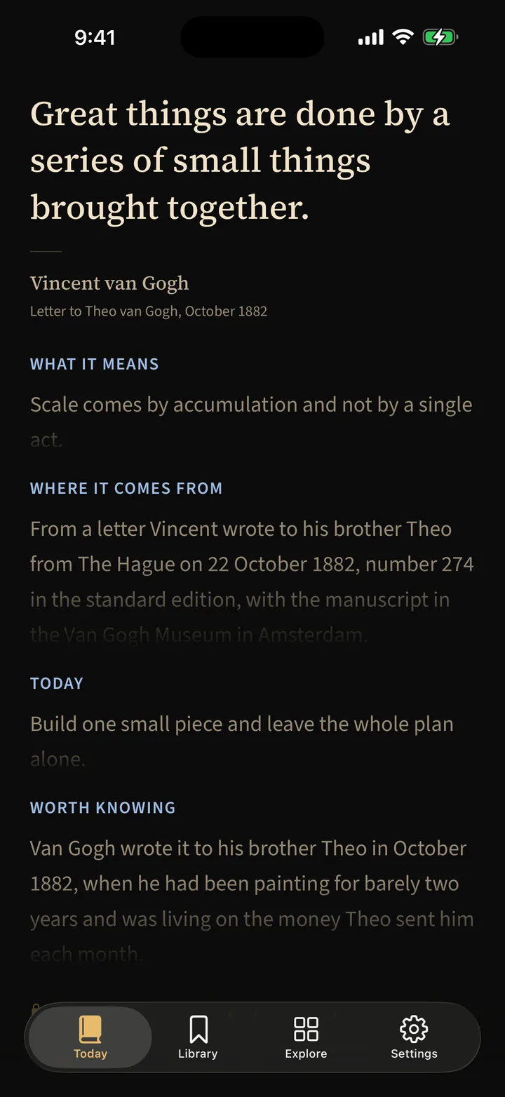 The app open on an English quote, with what it means and a note on the play it comes from.